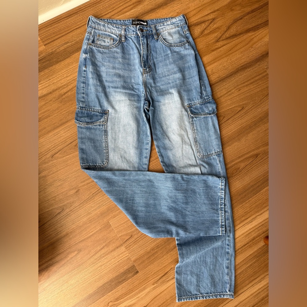 Straight Leg Cargo 1990s Style Denim Jeans 100% Cotton